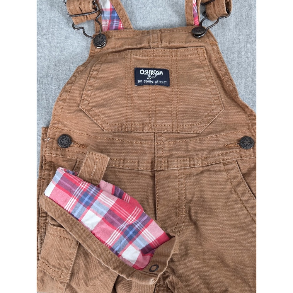 Oshkosh B'Gosh Overalls Vestbak Boys 6M Brown Plaid Trim Stretch Cowboy Active